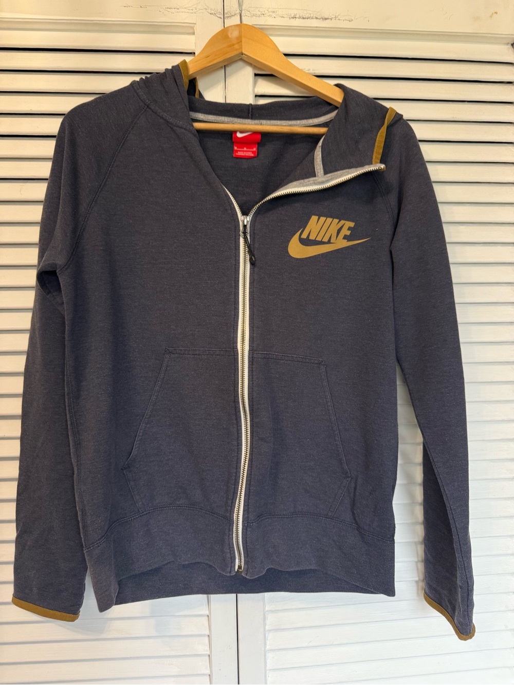 Nike Dark Gray Hoodie with Silver Zipper and Red Logo Tag